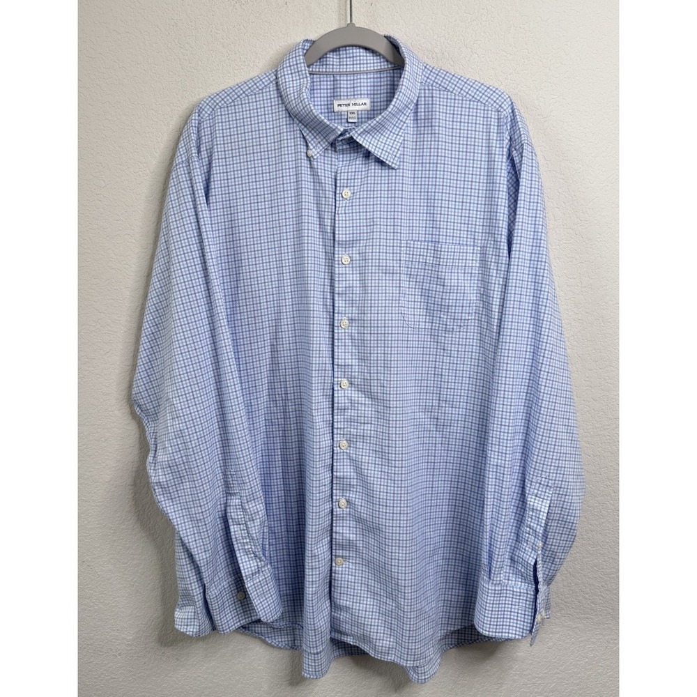 Peter Millar Button Down Shirt Men's XXL Blue Check Stretch Performance Golf‎